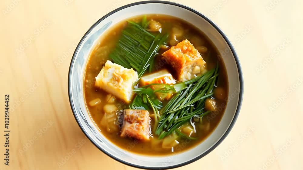 360-degree video of miso soup with tofu and seaweed in clear broth, under four-point lighting and light cream background 360-degree video of miso soup with tofu and seaweed in clear broth, under four-point lighting and light cream background