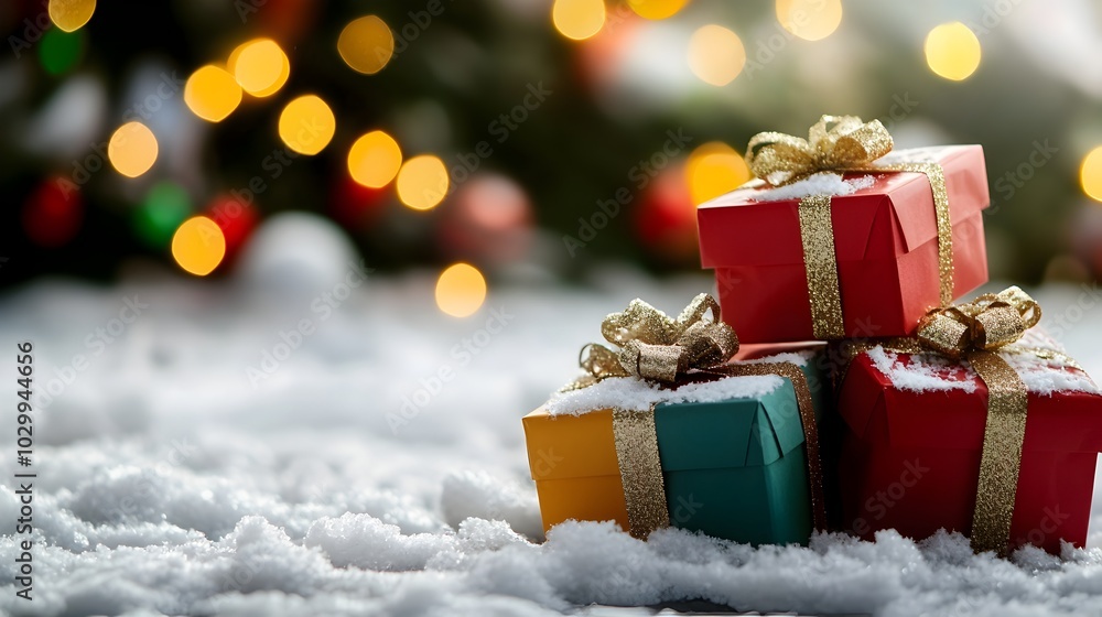 Colorful Christmas gift boxes stacked in a pile on a snowy background creating a festive atmosphere with a side view that emphasizes holiday cheer and with a digital tone and analogous color scheme Colorful Christmas gift boxes stacked in a pile on a snowy background creating a festive atmosphere with a side view that emphasizes holiday cheer and with a digital tone and analogous color scheme