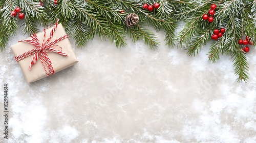 Christmas gift wrapped in brown paper with red and white twine, surrounded by snowy pine branches with red berries