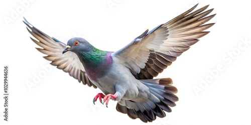 Single pigeon flying on white background