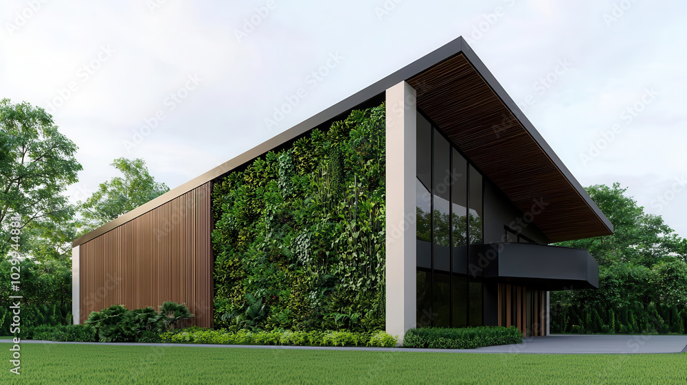 Industrial building design with vertical gardens, a green roof, and solarpowered LED lighting for a sustainable, modern aesthetic Industrial building design with vertical gardens, a green roof, and solarpowered LED lighting for a sustainable, modern aesthetic