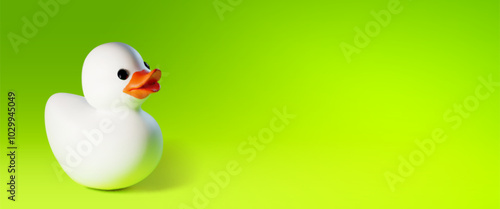 White rubber or plastic bath duck toy with orange squeak on green background with empty space for text. Realistic 3d vector illustration of funny duckling bird bathroom hygiene kid game accessory.
