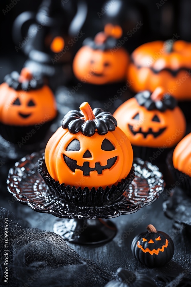 A plate of Halloween cupcakes with orange and black faces on them. The cupcakes are arranged on a black tray with a black background A plate of Halloween cupcakes with orange and black faces on them. The cupcakes are arranged on a black tray with a black background