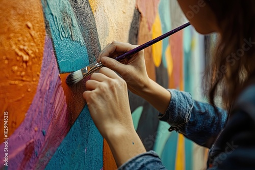 Woman Painting a Colorful Abstract Mural with a Brush