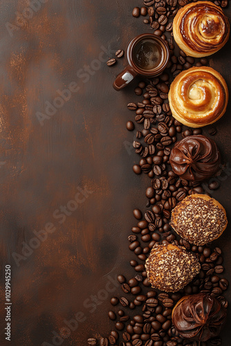 Fresh Composition of Coffee Beans and Pastries on Rustic Wood