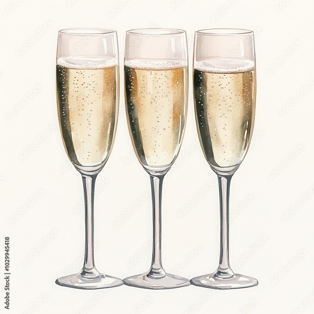 Watercolor illustration of a group of champagne flutes clinking together in a toast clipart, isolate on white background Watercolor illustration of a group of champagne flutes clinking together in a toast clipart, isolate on white background