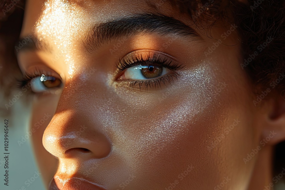 Close-up of a Woman's Eye with Shimmering Skin and Sunlit Highlights Close-up of a Woman's Eye with Shimmering Skin and Sunlit Highlights