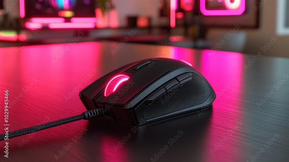 A black gaming mouse with red lights on a desk with a blurred background of pink neon lights. A black gaming mouse with red lights on a desk with a blurred background of pink neon lights.