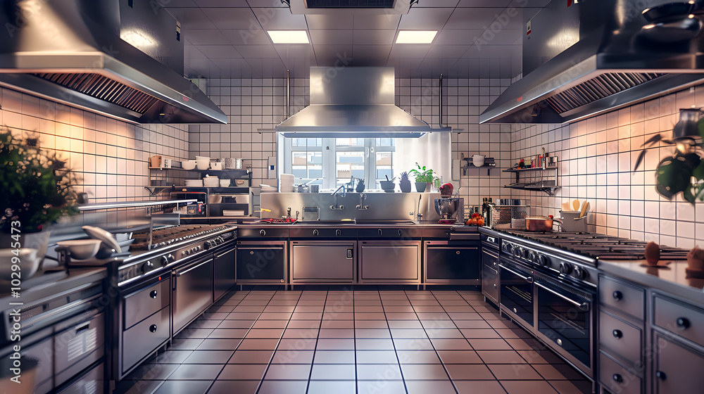 Empty restaurant kitchen with professional equipment. Clean commercial, professional kitchen Empty restaurant kitchen with professional equipment. Clean commercial, professional kitchen