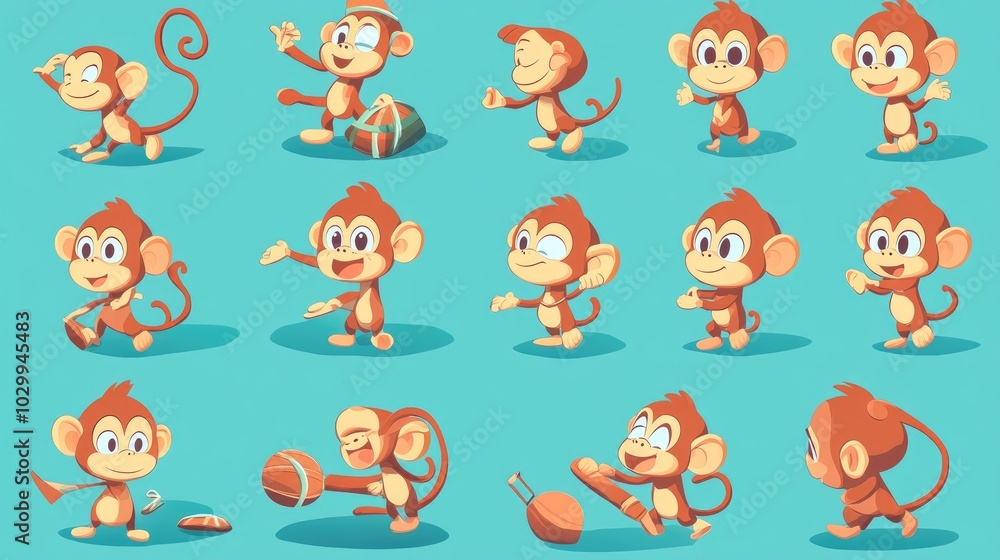 Obraz premium Cartoon monkey vector set, featuring a mix of monkeys performing fun and silly activities, perfect for playful designs.