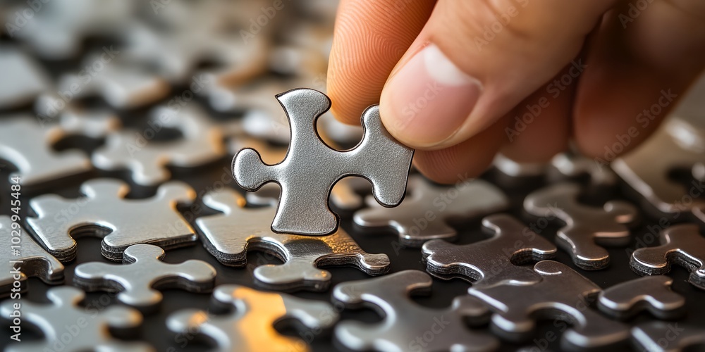 A person is holding a puzzle piece in their hand. The puzzle is made of metal and has a shiny surface. The person appears to be focused on the puzzle A person is holding a puzzle piece in their hand. The puzzle is made of metal and has a shiny surface. The person appears to be focused on the puzzle