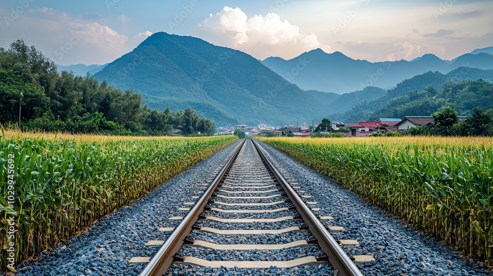 Fototapeta premium Railroad tracks leading into mountains with lush green scenery