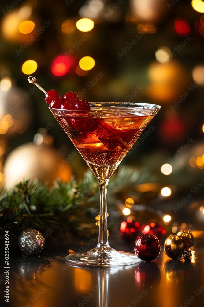 A martini glass with a cherry on top. The glass is on a table with Christmas decorations A martini glass with a cherry on top. The glass is on a table with Christmas decorations