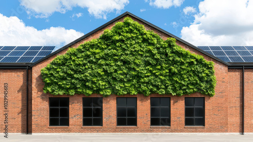 Sustainable industrial building with exposed steel and glass, featuring solar panels on the roof and a green wall integrated into the facade