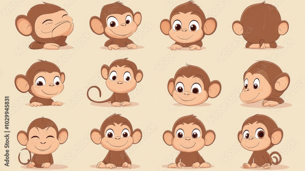 Cheerful cartoon monkey collection, showing different expressions and playful actions, designed in vector for children's content. Cheerful cartoon monkey collection, showing different expressions and playful actions, designed in vector for children's content.