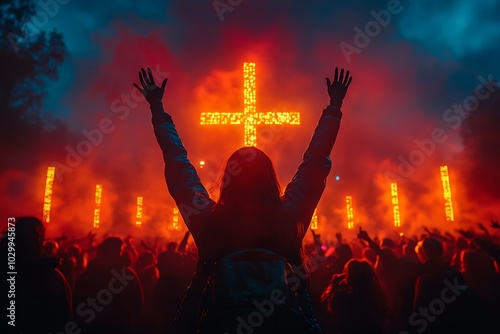 A woman is holding her hands up in the air in front of a large cross. The crowd is cheering and the atmosphere is lively