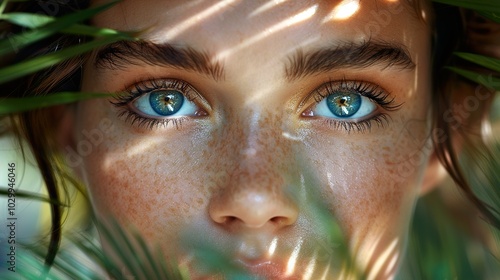 Close-up Portrait of a Woman with Blue Eyes and Freckles