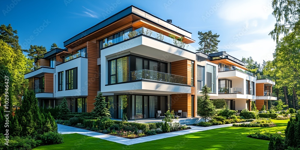 A large white building with a brown trim sits in front of a lush green lawn. The building has a modern design and is surrounded by trees. Scene is serene and peaceful, with the green grass A large white building with a brown trim sits in front of a lush green lawn. The building has a modern design and is surrounded by trees. Scene is serene and peaceful, with the green grass