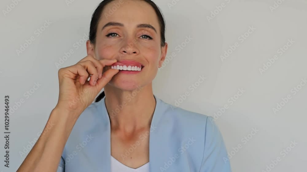 Confident woman shows off dental aligners in and promoting oral health and aesthetics Confident woman shows off dental aligners in and promoting oral health and aesthetics