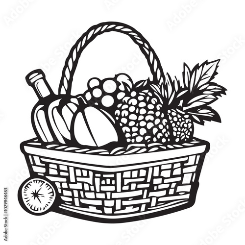 A basket filled with various fruits silhouette vector illustration on white background, Black and white coloring page food basket