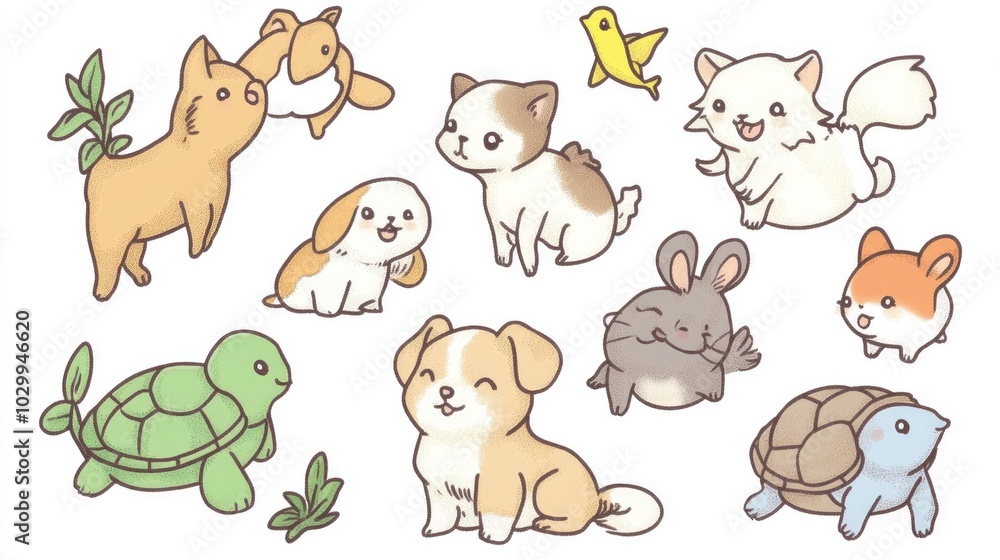 Fototapeta premium Cute pet doodle vector set featuring a dog, cat, bird, fish, rabbit, rat, and turtle, all in playful poses, isolated on a white background.