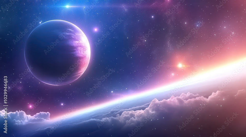 Obraz premium Bright galaxy background with a distant planet, glowing stars, and cosmic clouds in the background.