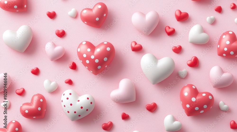 Bright pink heart background with polka dots and bold heart shapes scattered randomly. Bright pink heart background with polka dots and bold heart shapes scattered randomly.