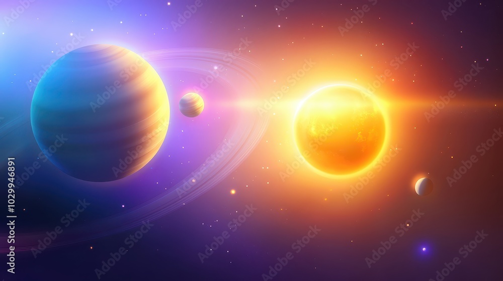 Bright solar system background featuring planets, moons, and the glowing sun in a detailed space scene. Bright solar system background featuring planets, moons, and the glowing sun in a detailed space scene.
