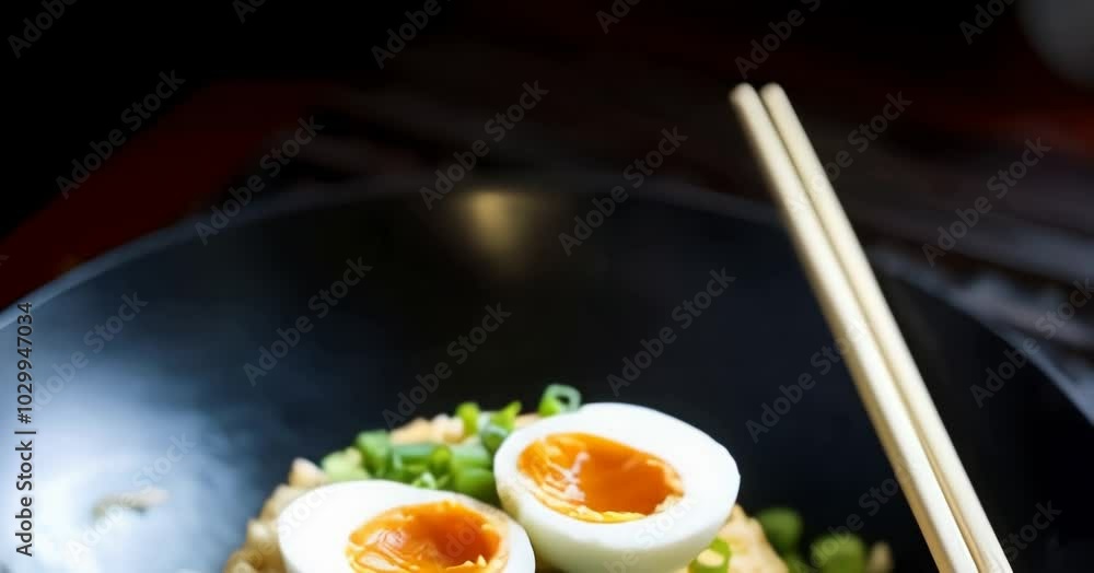 Delicious Ramen Bowl with Soft Boiled Eggs - chopsticks, spring onion, scallions Delicious Ramen Bowl with Soft Boiled Eggs - chopsticks, spring onion, scallions