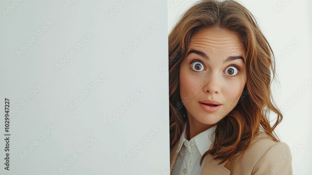 Surprised woman with wide eyes peeking around a corner in a bright room Surprised woman with wide eyes peeking around a corner in a bright room