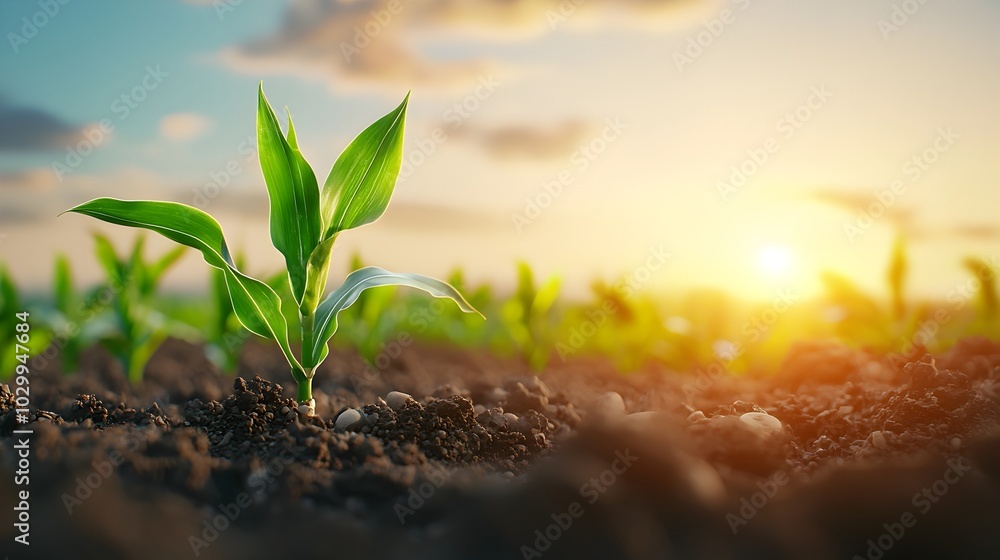Fresh green corn sprouts emerging through soft focus soil in serene agricultural field capturing the essence of growth farming and the promise of a rich harvest Fresh green corn sprouts emerging through soft focus soil in serene agricultural field capturing the essence of growth farming and the promise of a rich harvest