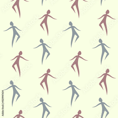 Vector repeat texture for textile. Seamless pattern with abstract people figures. Dancing stylized persons.