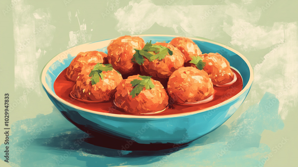 An illustration of a bowl of warm flour meatballs in red sauce, garnished with fresh herbs. The bright, warm palette adds an appetizing look to the dish An illustration of a bowl of warm flour meatballs in red sauce, garnished with fresh herbs. The bright, warm palette adds an appetizing look to the dish