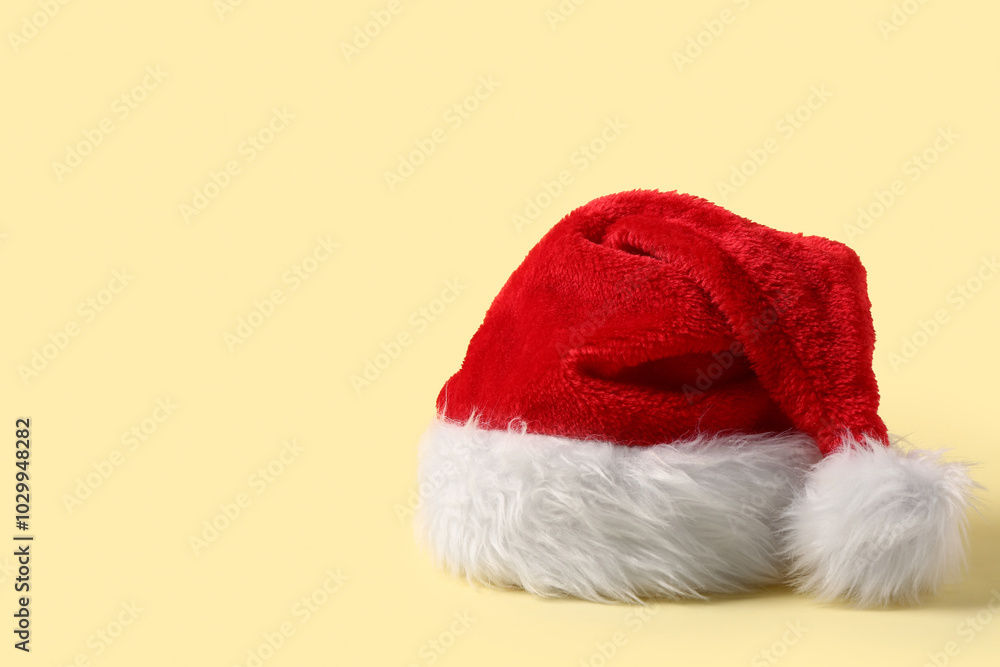 Santa Claus hat on light yellow background Santa Claus hat on light yellow background