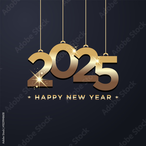 2025 New Year celebrate banner background with hanging golden font glitter. Christmas Holiday vector illustration