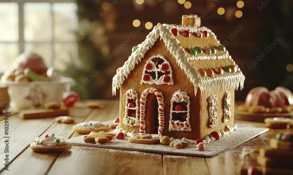 Assembling a gingerbread house on a kitchen table, with icing, candy decorations, and holiday cookies in the background Assembling a gingerbread house on a kitchen table, with icing, candy decorations, and holiday cookies in the background