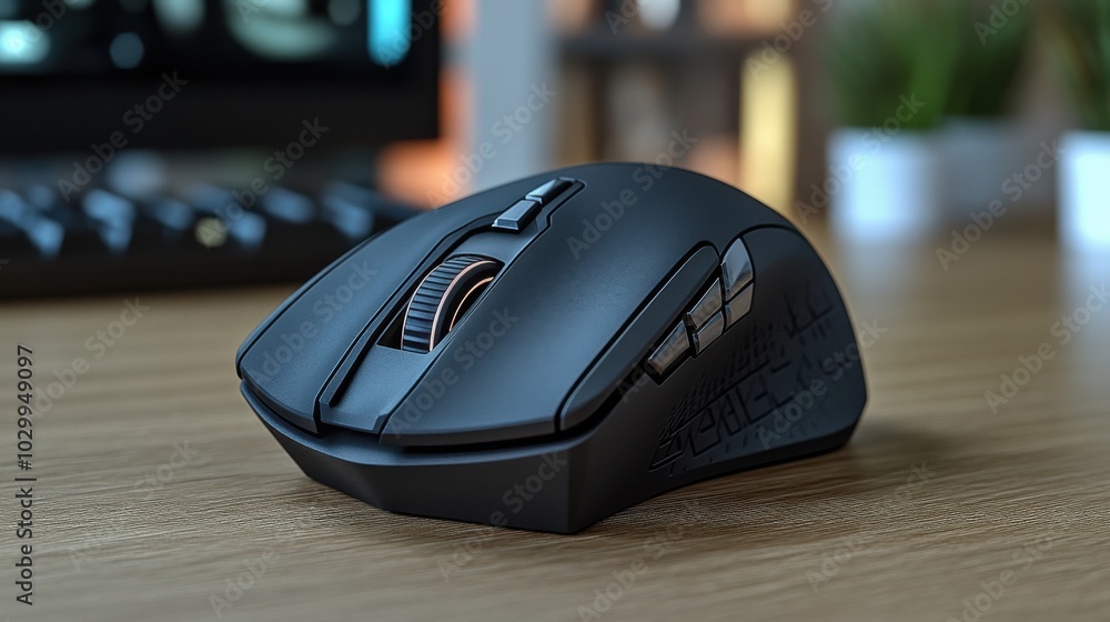 A black wireless computer mouse with a scroll wheel and side buttons, resting on a wooden desk. A black wireless computer mouse with a scroll wheel and side buttons, resting on a wooden desk.