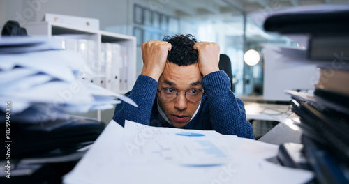 Fotografie Business man, stress and paperwork in office for project deadline, brain fog and frustrated with overtime