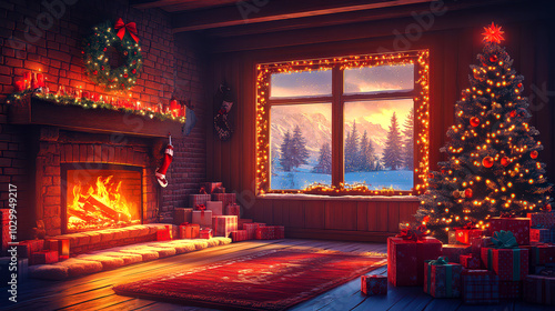 Christmas living room with a fireplace, a decorated Christmas tree, and gifts. Winter evening landscape. New Year's background. Christmas lights in the windows