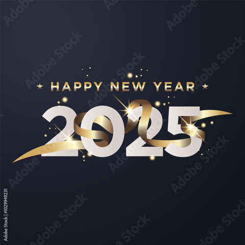 Happy New Year 2025 celebration with elegant design with gold realistic and waving gold ribbon