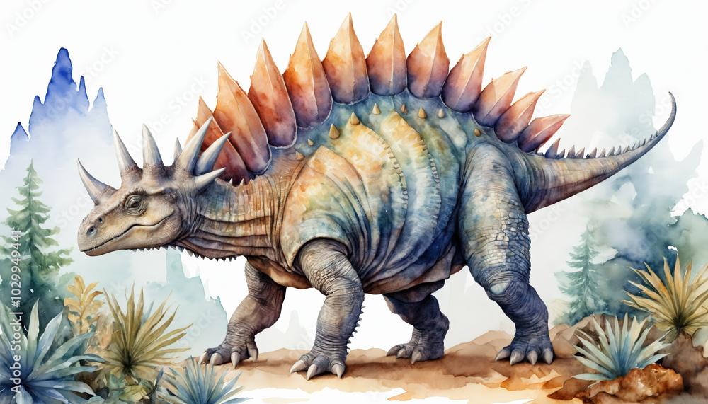 Fototapeta premium Watercolor painting of a dinosaur from the Cretaceous era.