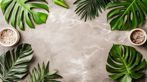 Tropical Leaves and Bowls of Salt on a Neutral Background for a Spa or Beauty Treatment Simple Neutral Background with Free Space for Design