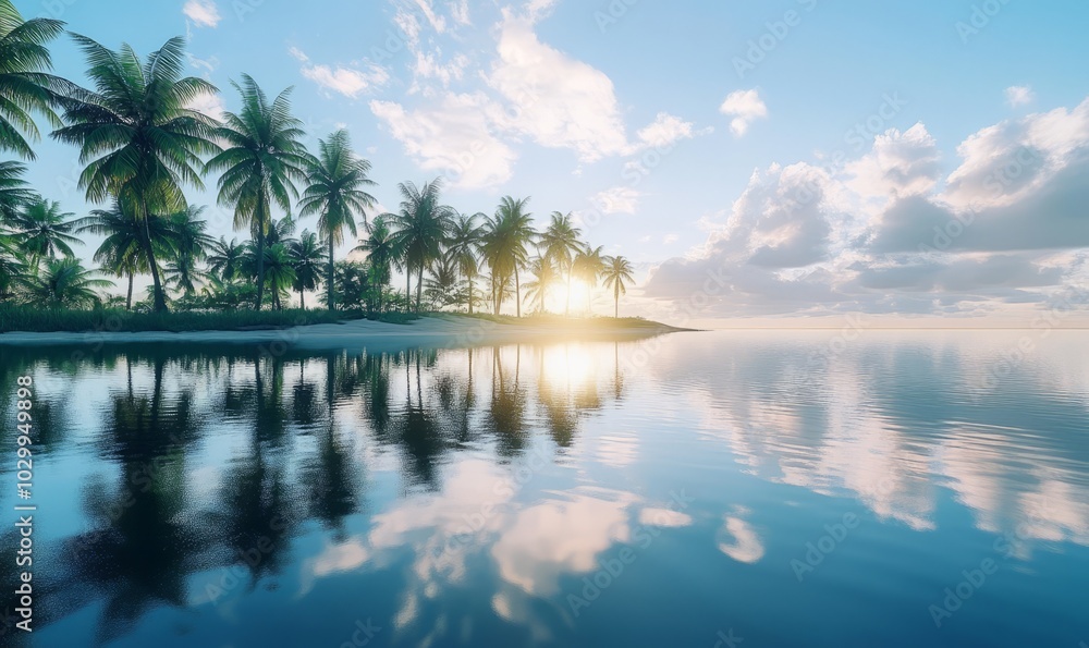 Serene tropical lagoon at sunrise, with calm waters reflecting the sky and palm trees lining the shore Serene tropical lagoon at sunrise, with calm waters reflecting the sky and palm trees lining the shore