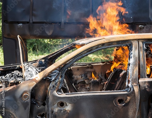 The charred car frame was burned with flames still burning in the engine. generative ai photo