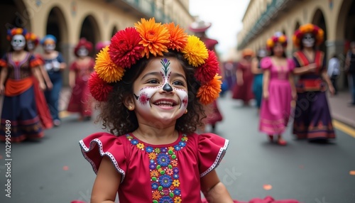 A joyful child in traditional attire celebrates during a colorful festival, adorned with vibrant flowers and face paint.