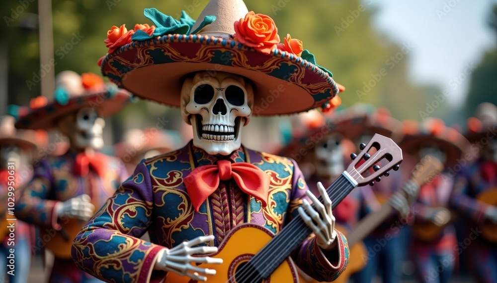 A vibrant celebration featuring skeletons in traditional attire, playing guitar during a festive parade, showcasing cultural heritage and lively spirit. A vibrant celebration featuring skeletons in traditional attire, playing guitar during a festive parade, showcasing cultural heritage and lively spirit.