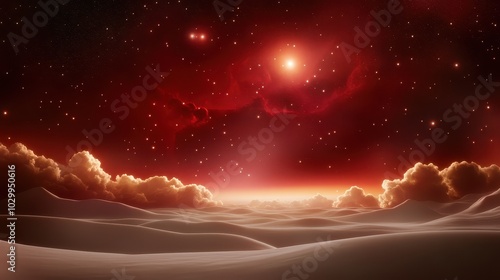 Red galaxy background with glowing nebula clouds and distant star clusters in a surreal space landscape. photo