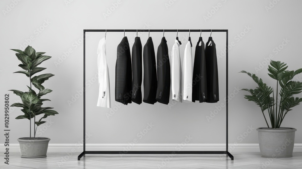 Black and white fashion pieces on black hangers in luxury store stylish clothing rack display,modern fashion blog aesthetic,Business fashion,social media,shopping mall,sale online,Fashion blog. Black and white fashion pieces on black hangers in luxury store stylish clothing rack display,modern fashion blog aesthetic,Business fashion,social media,shopping mall,sale online,Fashion blog.