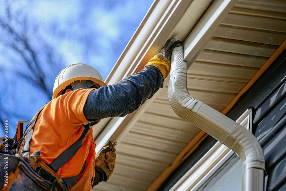 Fototapeta premium Worker Installing Gutter System On Residential Home