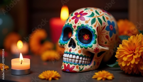 A vibrant, decorated skull surrounded by marigolds and candles, symbolizing Día de los Muertos, celebrating life and death.